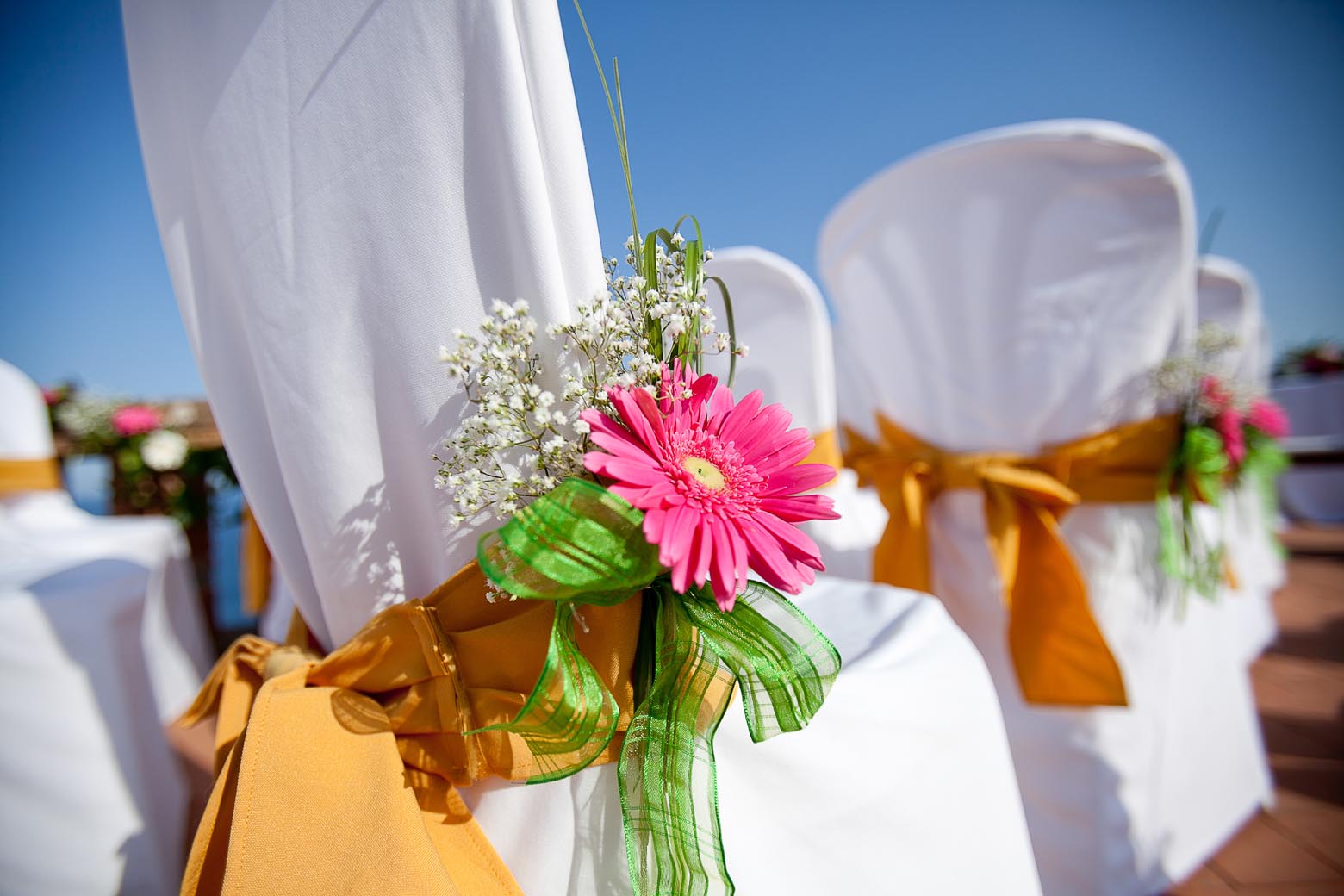 White ceremony chairs decorated with gold bows and bright pink flowers.